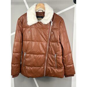 Levis Breanna Puffer Jacket Women’s M Brown Asymmetric Vegan Leather Faux Fur